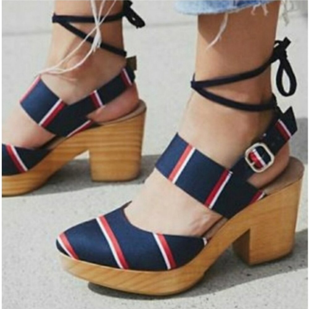 Free People Navy Red White Striped Platform Clogs